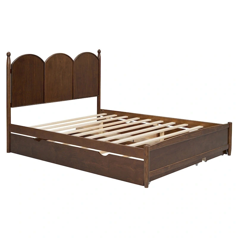 Queen Size Bed Frame with Twin XL Size Trundle and 2 Big Drawers, Wooden Platform Bed with Headboard and Slats Support