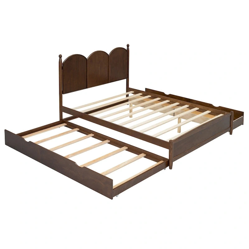 Queen Size Bed Frame with Twin XL Size Trundle and 2 Big Drawers, Wooden Platform Bed with Headboard and Slats Support