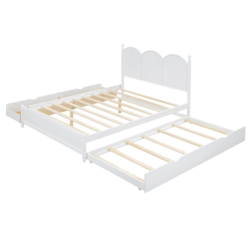 Queen Size Bed Frame with Twin XL Size Trundle and 2 Big Drawers, Wooden Platform Bed with Headboard and Slats Support