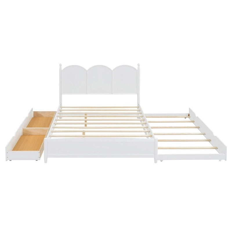 Queen Size Bed Frame with Twin XL Size Trundle and 2 Big Drawers, Wooden Platform Bed with Headboard and Slats Support