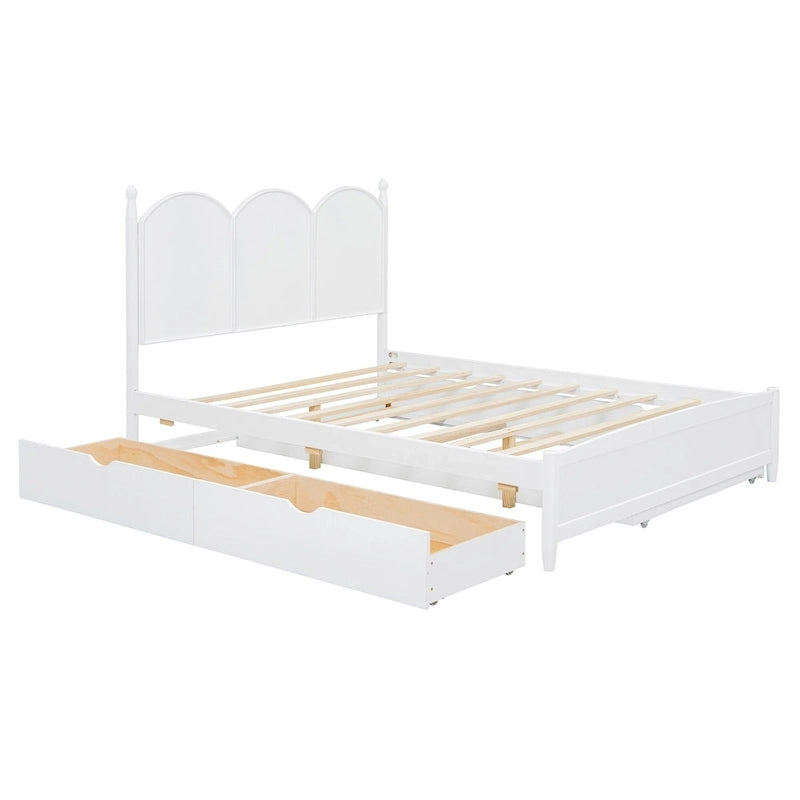 Queen Size Bed Frame with Twin XL Size Trundle and 2 Big Drawers, Wooden Platform Bed with Headboard and Slats Support