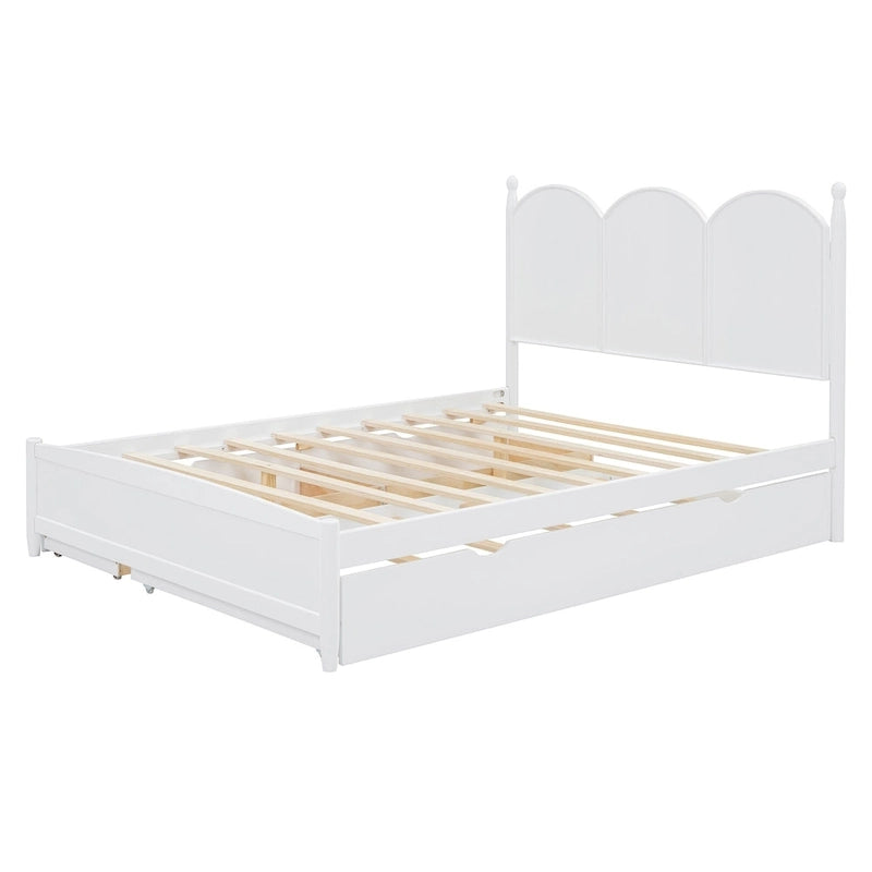 Queen Size Bed Frame with Twin XL Size Trundle and 2 Big Drawers, Wooden Platform Bed with Headboard and Slats Support