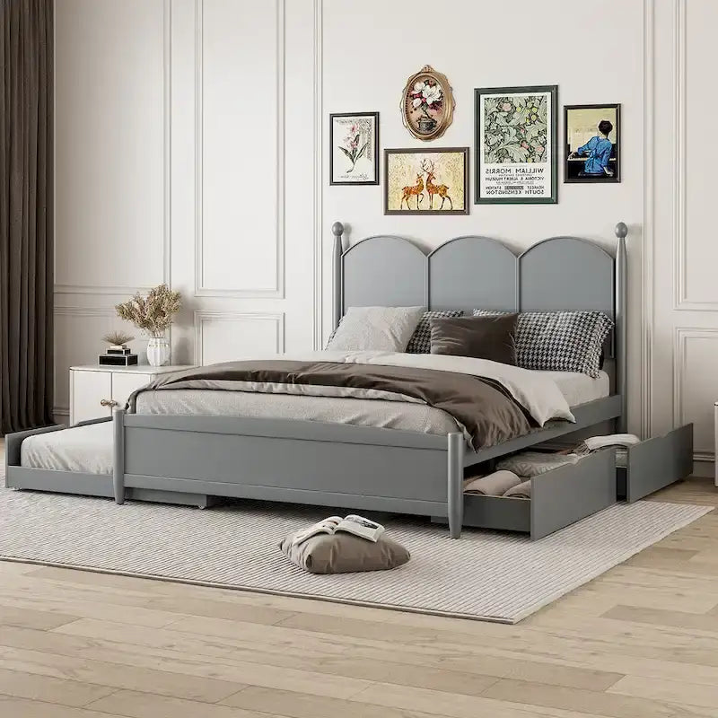 Queen Size Bed Frame with Twin XL Size Trundle and 2 Big Drawers, Wooden Platform Bed with Headboard and Slats Support