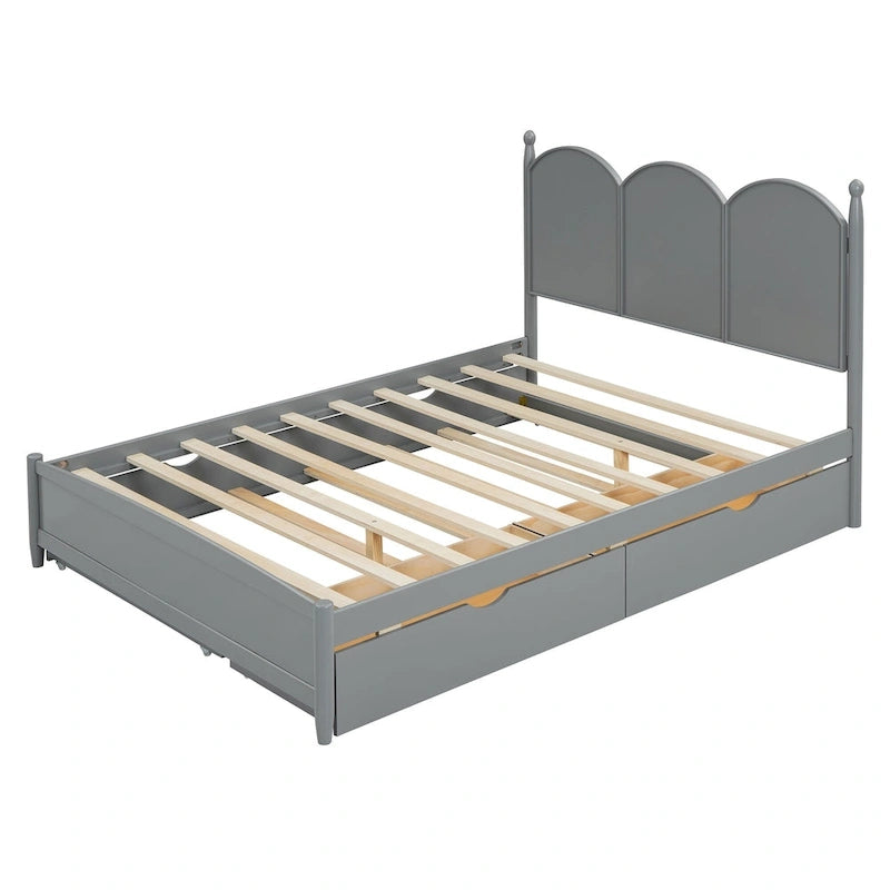 Queen Size Bed Frame with Twin XL Size Trundle and 2 Big Drawers, Wooden Platform Bed with Headboard and Slats Support
