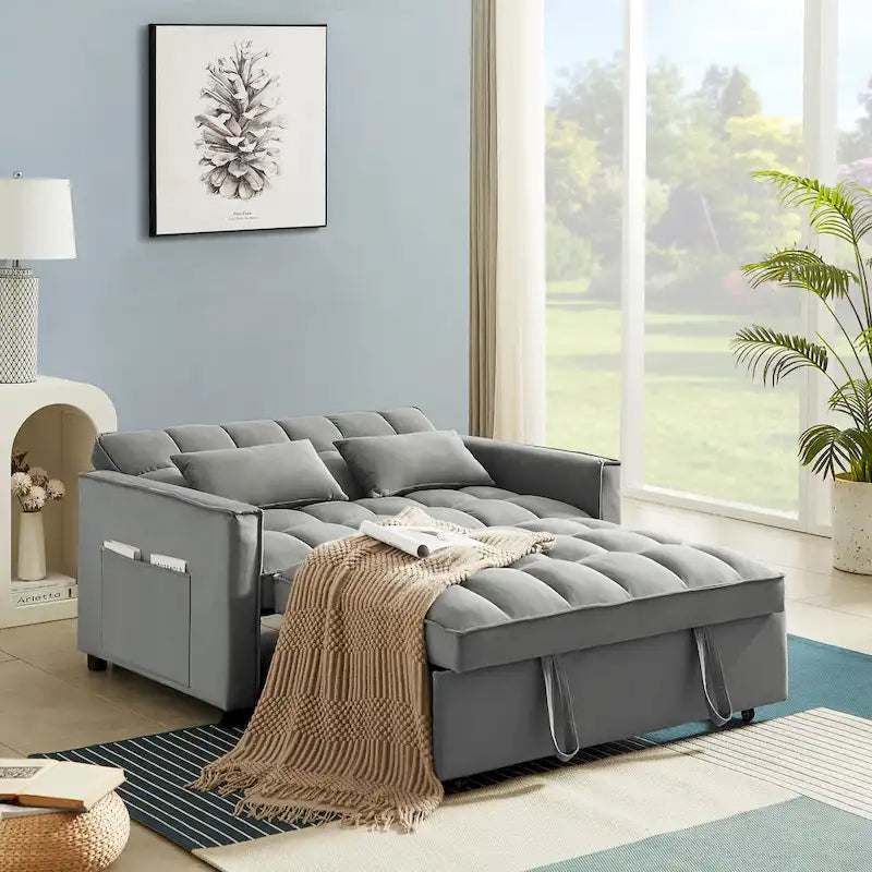 Velvet Convertible Loveseat Sleeper Sofa Couch with 2 Pillows