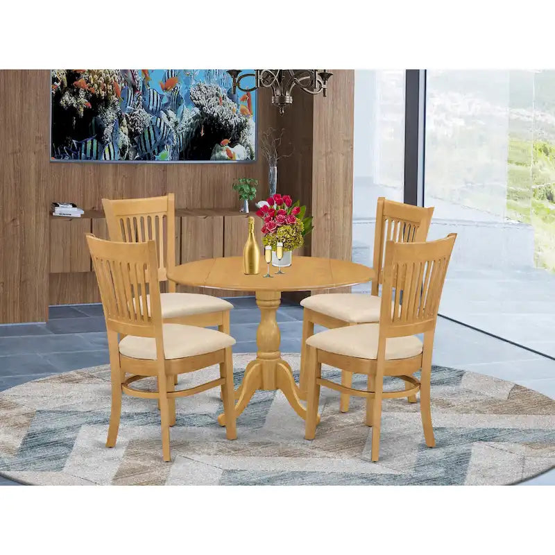 East West Furniture Dinette Set Contains a Round Dining Table with Dropleaf and Dining Room Chairs, (Pieces & Seat Options)