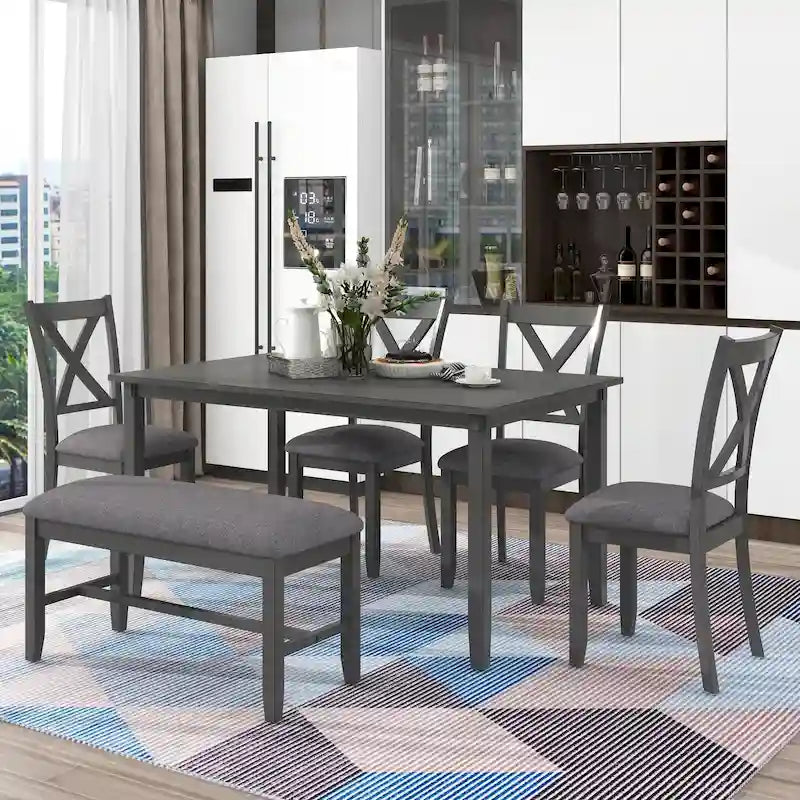 Nestfair 6-Piece Dining Table Set with 4 Fabric Chairs and Bench