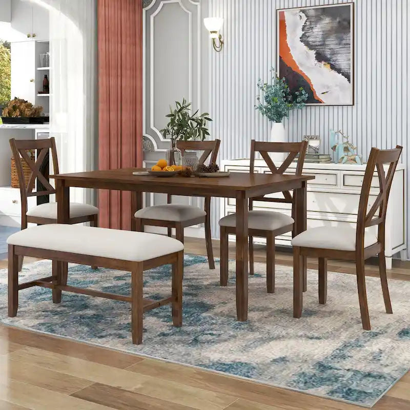 Nestfair 6-Piece Dining Table Set with 4 Fabric Chairs and Bench