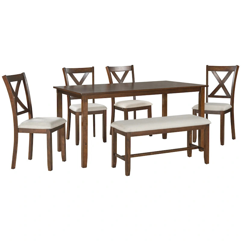 Nestfair 6-Piece Dining Table Set with 4 Fabric Chairs and Bench