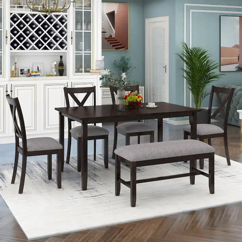 Nestfair 6-Piece Dining Table Set with 4 Fabric Chairs and Bench