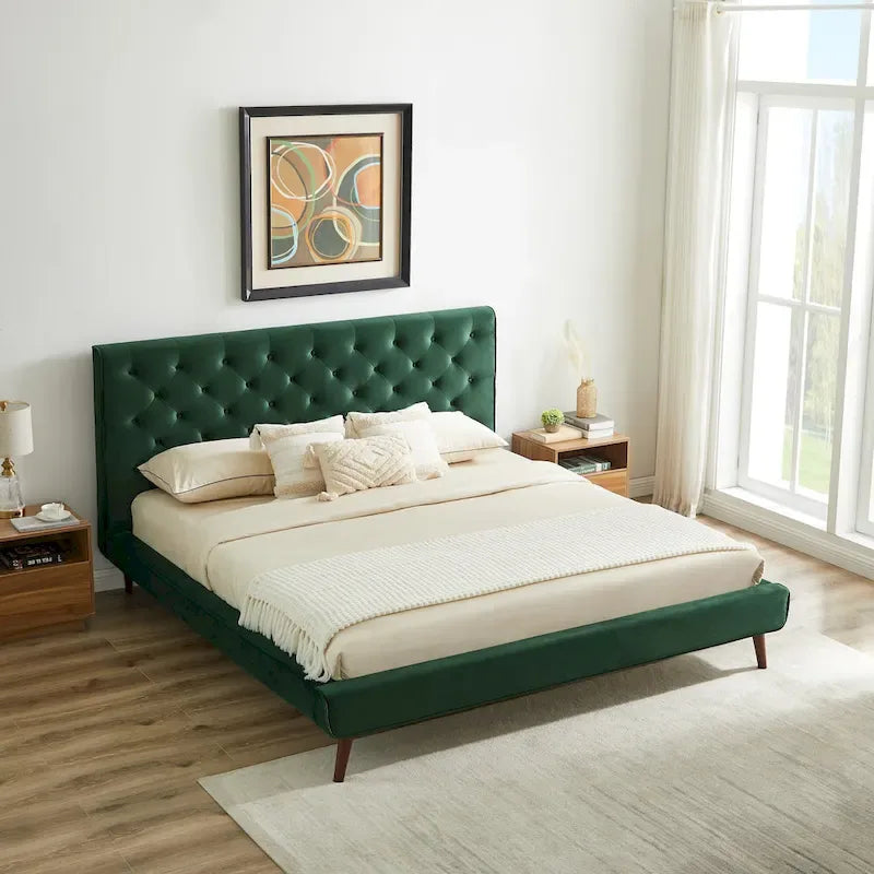 Annalisa Mid-Century Modern Velvet Platform Bed Dark Green
