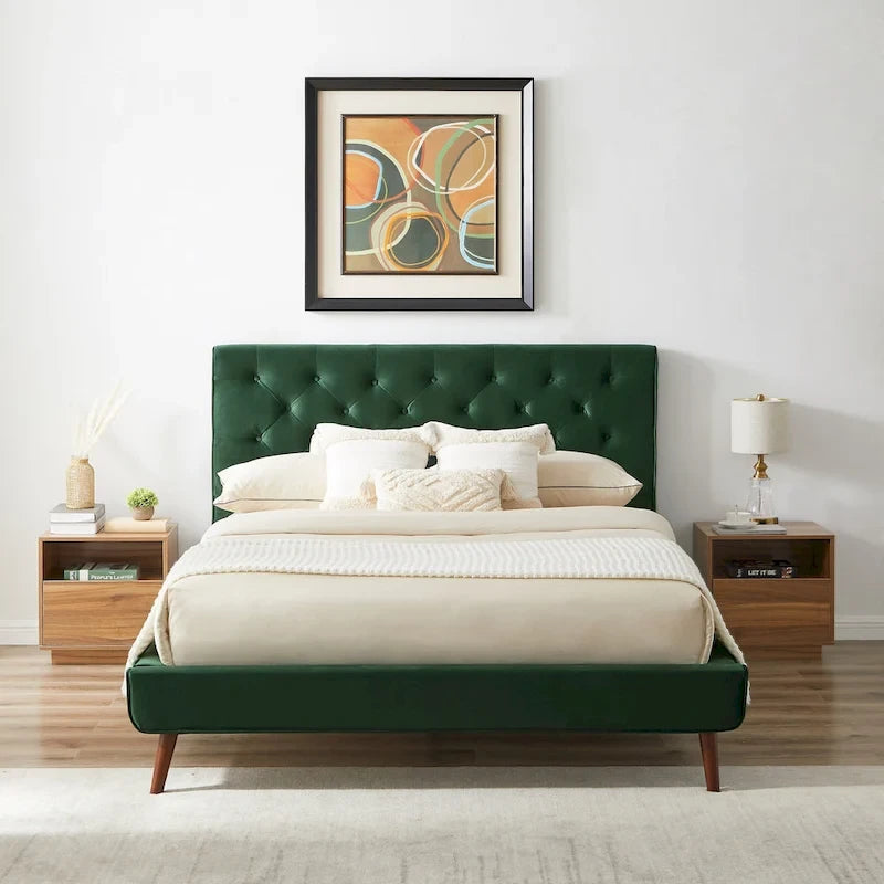 Annalisa Mid-Century Modern Velvet Platform Bed Dark Green