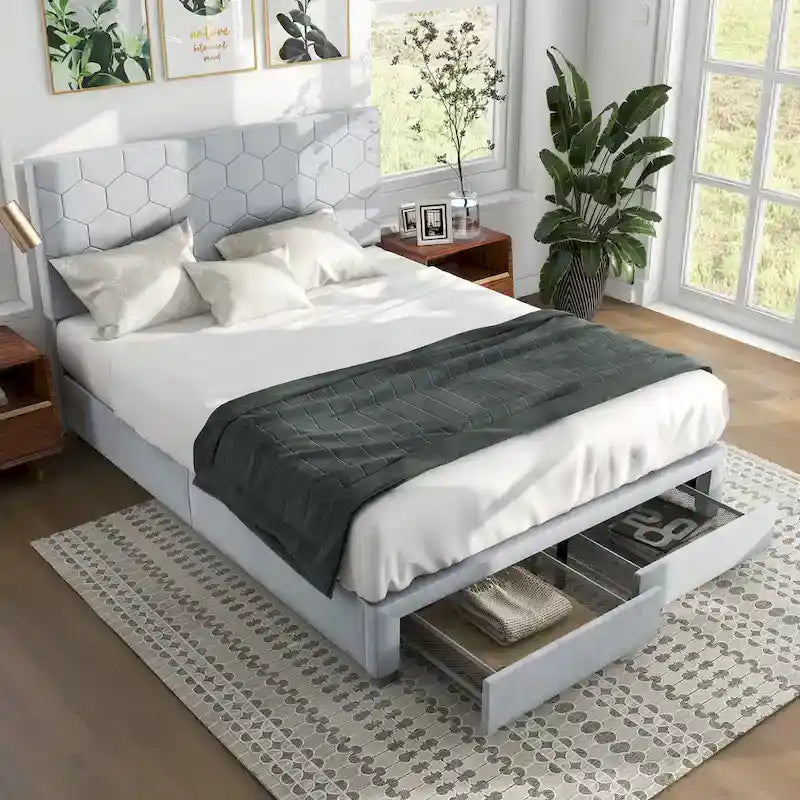 Honeycomb Modern Grey Velvet Headboard Storage Guest Bed by Furniture of America
