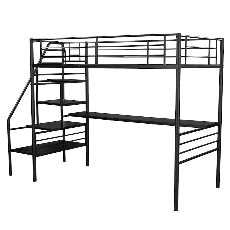 Twin Black Metal Loft Bed Frame with Desk, No Box Spring Needed