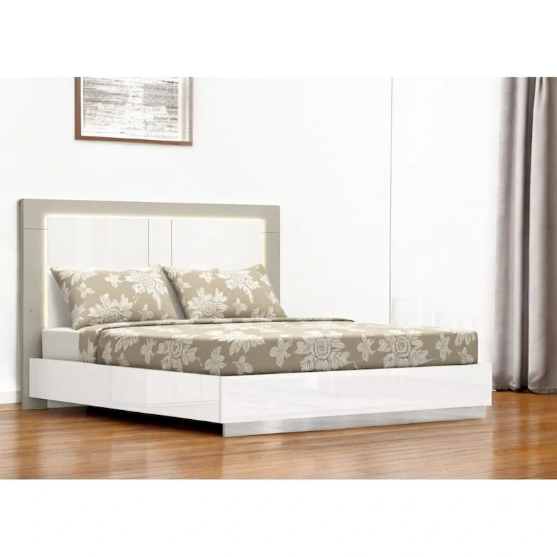 HomeRoots King White High Gloss Bed Frame with LED Headboard