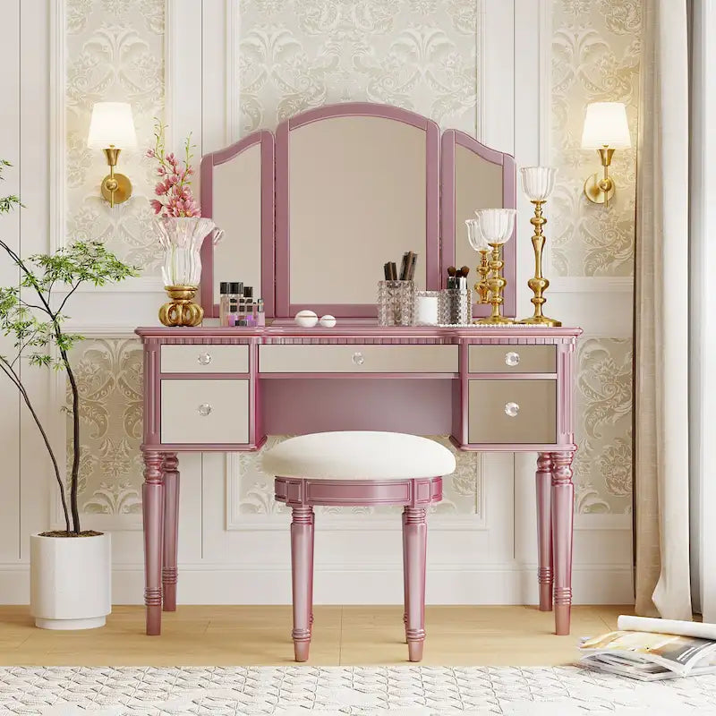 43Makeup Vanity Set with Mirrored Drawers and Stool for Bedroom