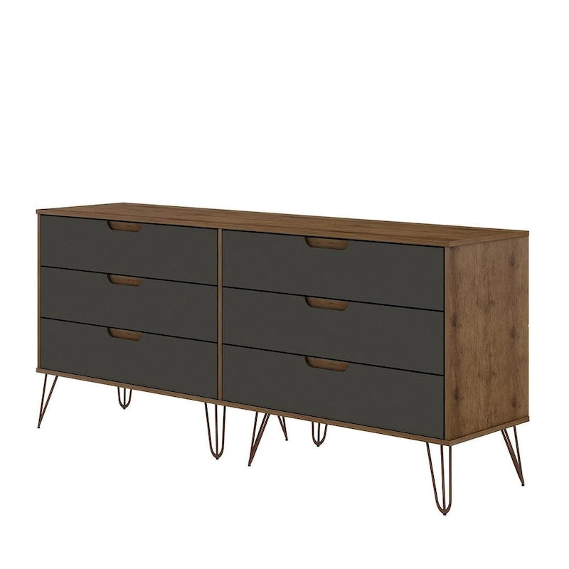 Manhattan Comfort Rockefeller 6-Drawer Double Low Dresser with Metal Legs