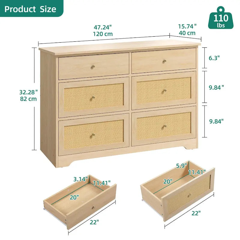Moasis 6-Drawer Rattan Storage Chest of Drawers Cabinet Dresser