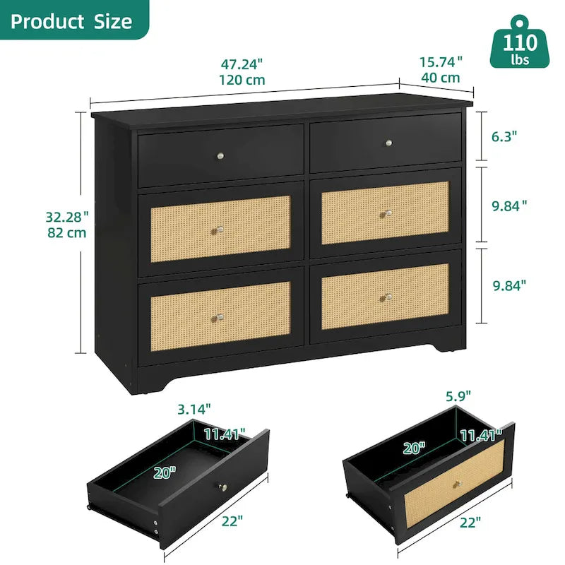 Moasis 6-Drawer Rattan Storage Chest of Drawers Cabinet Dresser