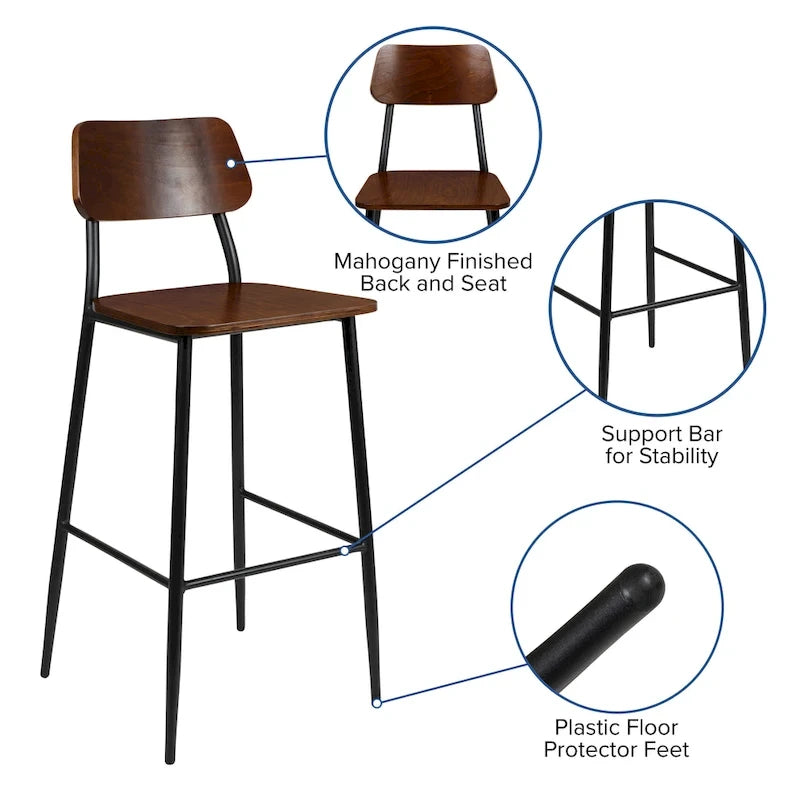 Industrial Barstool with Steel Frame and Rustic Wood Seat