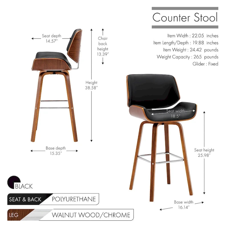 Porthos Home Ori Swivel Counter Stool, PU Leather, Wooden Legs with Footrest