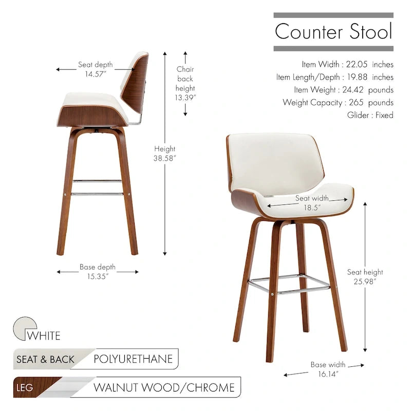 Porthos Home Ori Swivel Counter Stool, PU Leather, Wooden Legs with Footrest