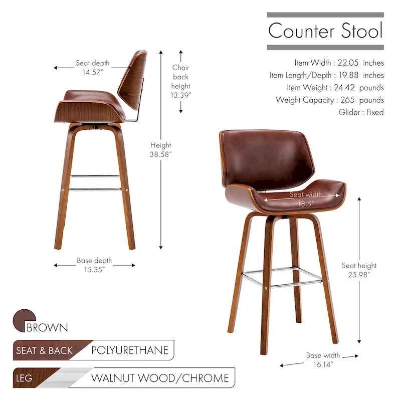 Porthos Home Ori Swivel Counter Stool, PU Leather, Wooden Legs with Footrest