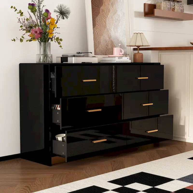 55.1 Modern 6-Drawer Bedroom Dresser Glossy Finish Chest Of Drawers