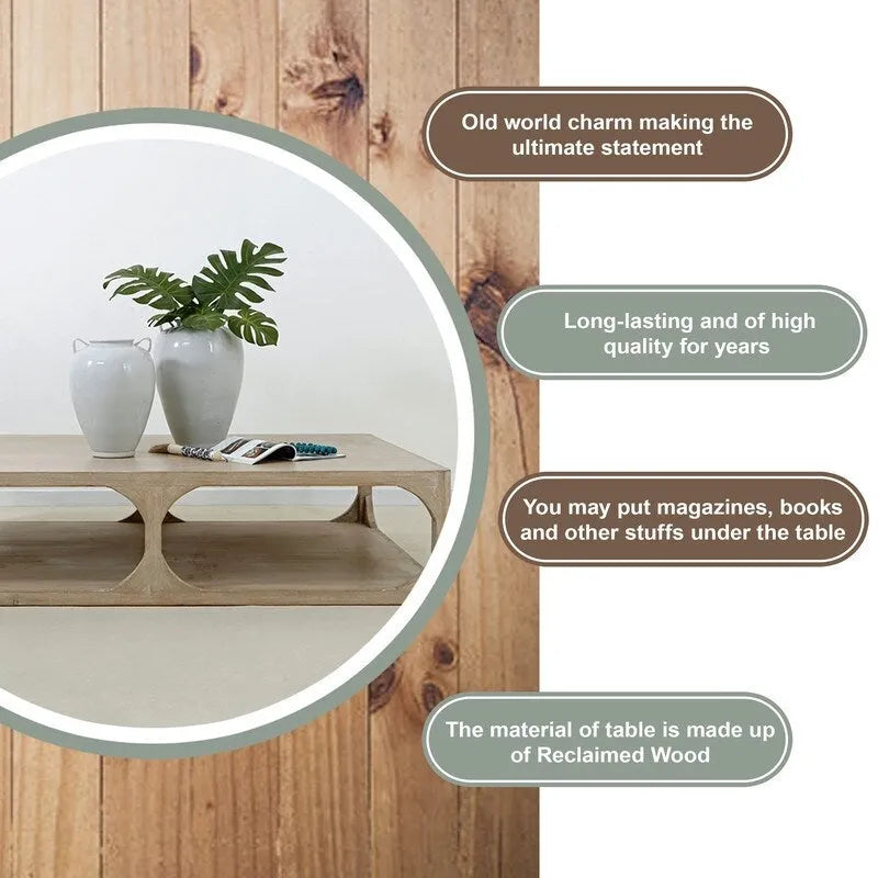 Artissance Reclaimed Wood Peking Ming Coffee Table, Large, 67 Inch Long, Weathered White Wash