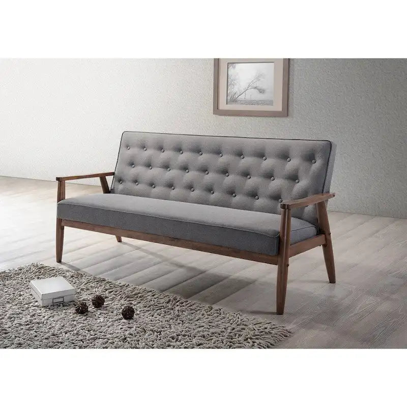 Baxton Studio Sorrento Mid-century Retro Modern Grey Fabric Upholstered Wooden 3-seater Sofa