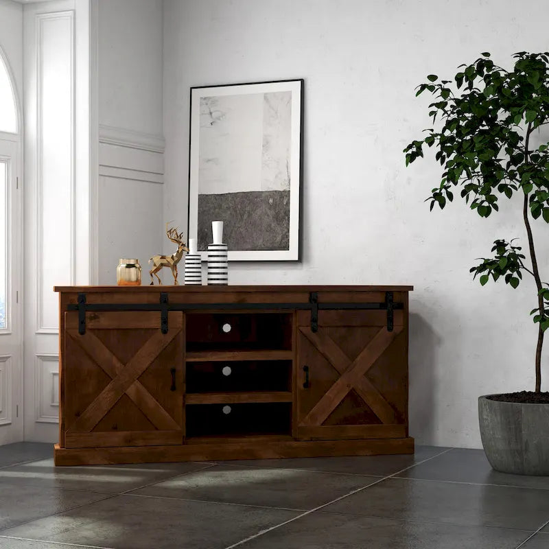 Bridgevine Home Farmhouse 66 inch Corner TV Stand for TVs up to 80 inches, No Assembly Required, Aged Whiskey Finish