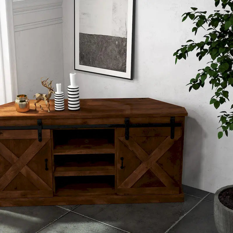 Bridgevine Home Farmhouse 66 inch Corner TV Stand for TVs up to 80 inches, No Assembly Required, Aged Whiskey Finish