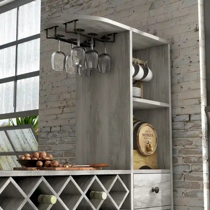 DH BASIC Transitional Vintage Grey Oak 6-Open Shelf Bar Table with Wine Storage by Denhour