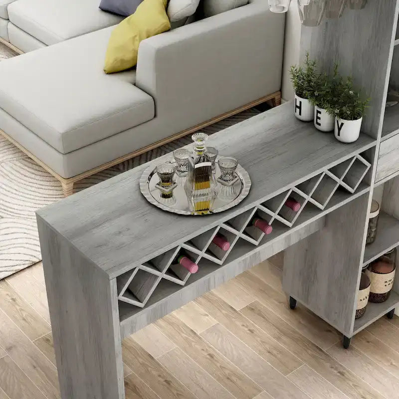 DH BASIC Transitional Vintage Grey Oak 6-Open Shelf Bar Table with Wine Storage by Denhour
