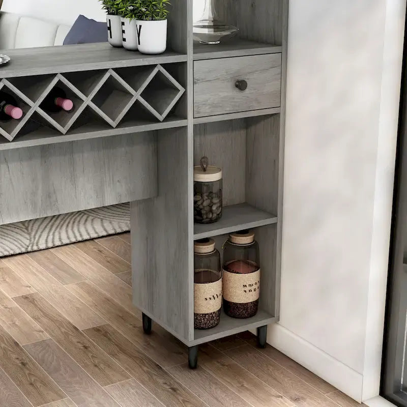 DH BASIC Transitional Vintage Grey Oak 6-Open Shelf Bar Table with Wine Storage by Denhour