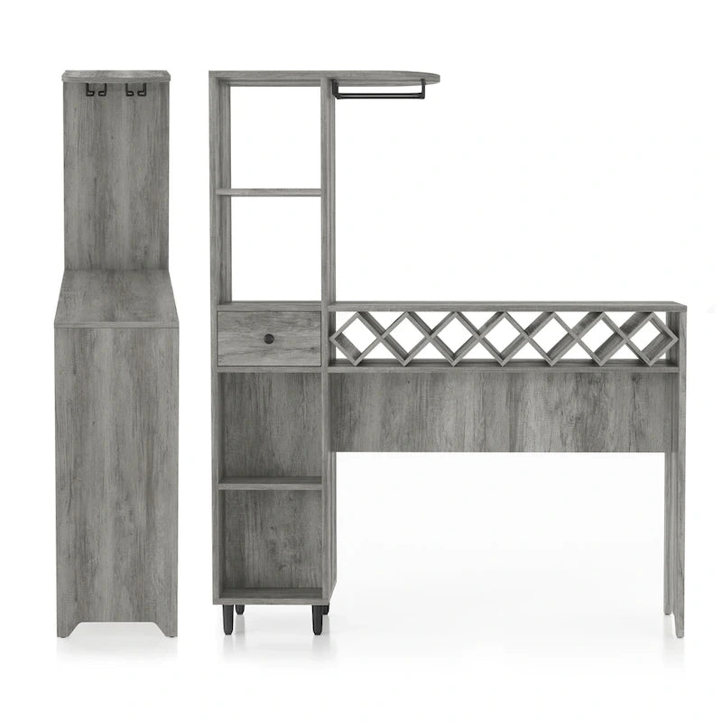 DH BASIC Transitional Vintage Grey Oak 6-Open Shelf Bar Table with Wine Storage by Denhour