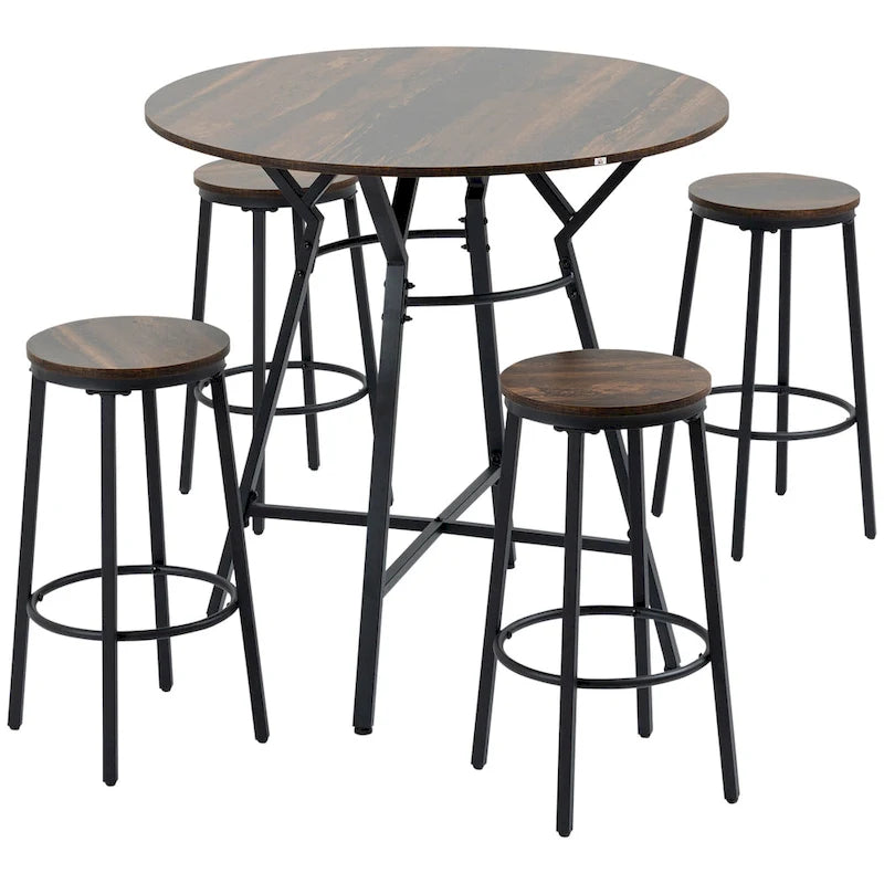 HOMCOM Industrial 5-Piece Bar Table and Chairs Set, Space Saving Dining Table with 4 Stools for Pub and Kitchen, Black & Brown