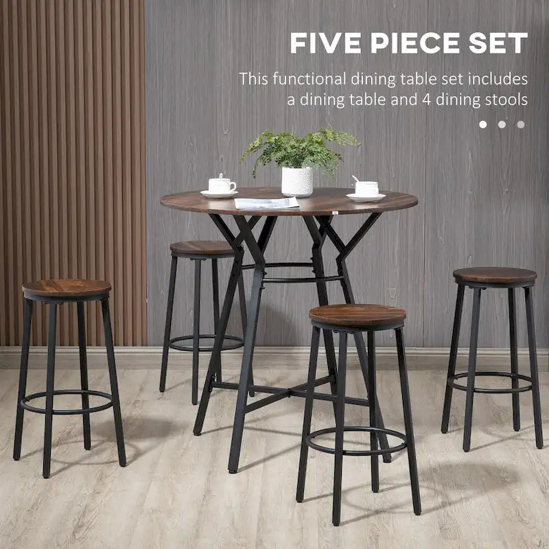 HOMCOM Industrial 5-Piece Bar Table and Chairs Set, Space Saving Dining Table with 4 Stools for Pub and Kitchen, Black & Brown