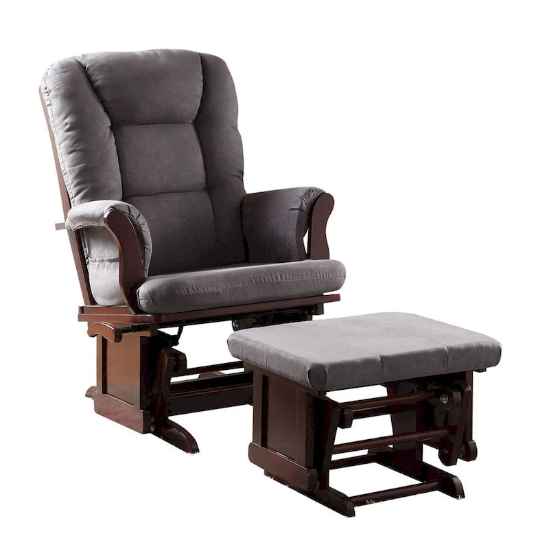 Gray Microfiber Glider Chair and Ottoman in Cherry Finish