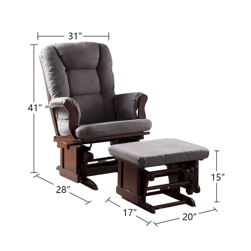 Gray Microfiber Glider Chair and Ottoman in Cherry Finish
