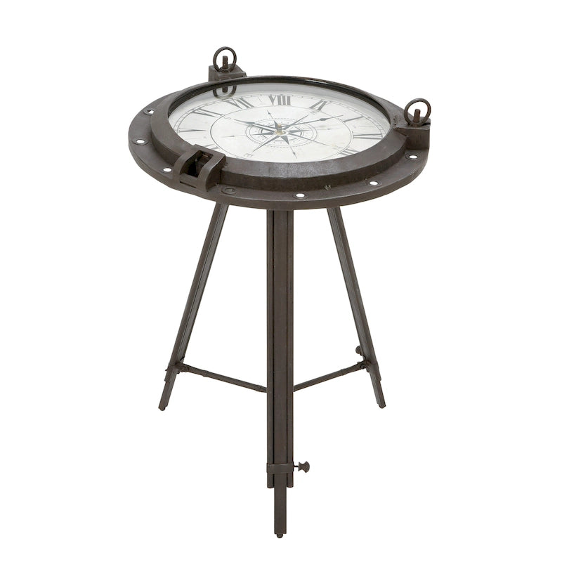 Metal Compass Accent Table with Clock and Clear Glass Top - White or Black - Roche River Decor