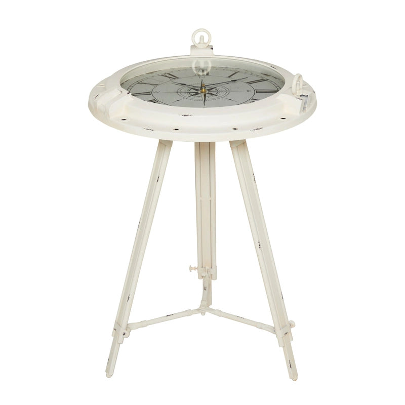 Metal Compass Accent Table with Clock and Clear Glass Top - White or Black - Roche River Decor