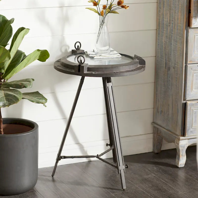 Metal Compass Accent Table with Clock and Clear Glass Top - White or Black - Roche River Decor