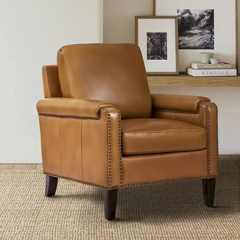 Kunz Transitional Genuine Leather Armchair with Removable Cushion and Nailhead Trims by HULALA HOME