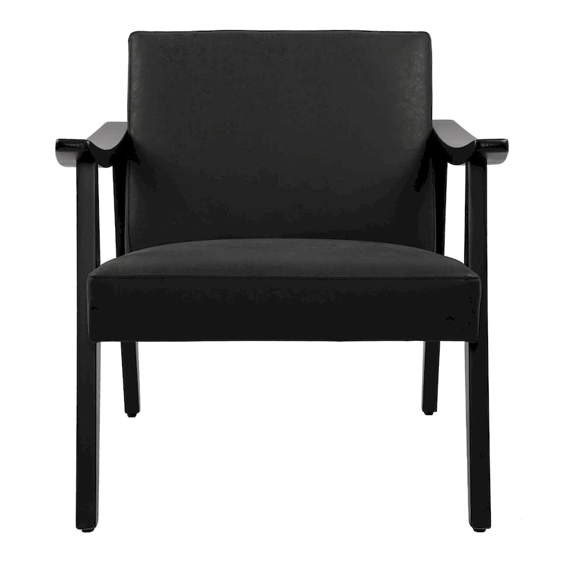Faux Leather Accent Chair Solid Wood Armchair in Black Finish