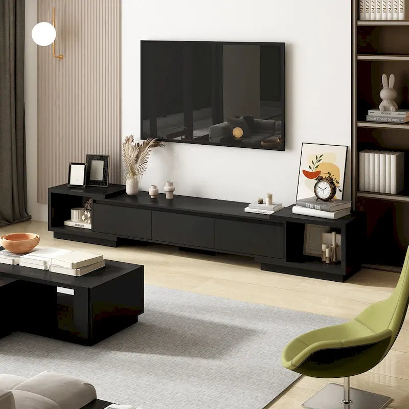 Modern Style Extendable TV Stand with 3Drawer White/Black 65.4-106.3