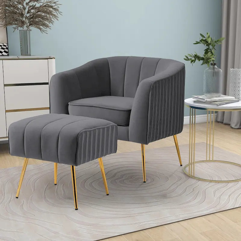 Modern Velvet Barrel Arm Accent Chair with Ottoman