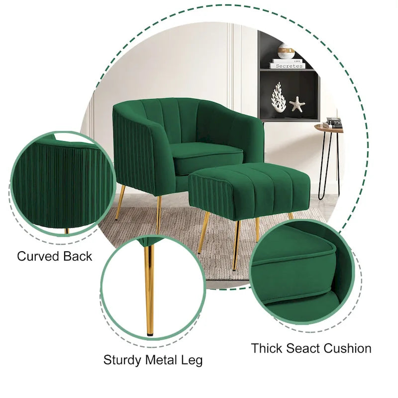 Modern Velvet Barrel Arm Accent Chair with Ottoman
