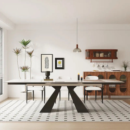 110.24 Inch Modern Minimalist 9 - Piece Extendable Sintered Stone Top Double Pedestal Dining Set