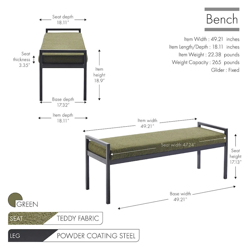 Porthos Home Rue Teddy Fabric Upholstered Bench with Steel Legs